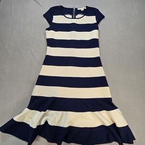 Navy & White Striped Fit & Flare Dress | Size M | Exposed Zipper